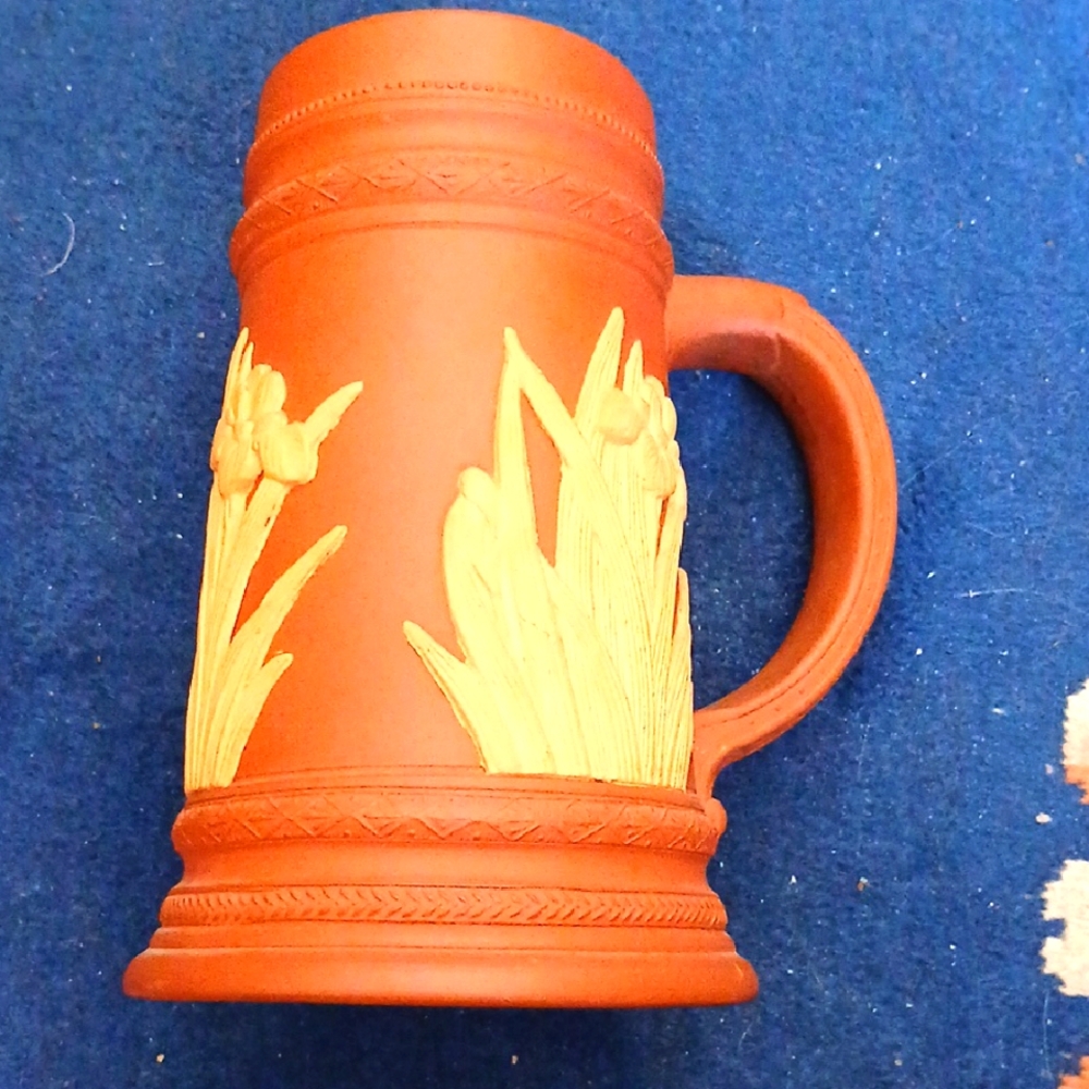 Terracotta Mug with Iris Design Attributed To Ecanada Art Pottery.